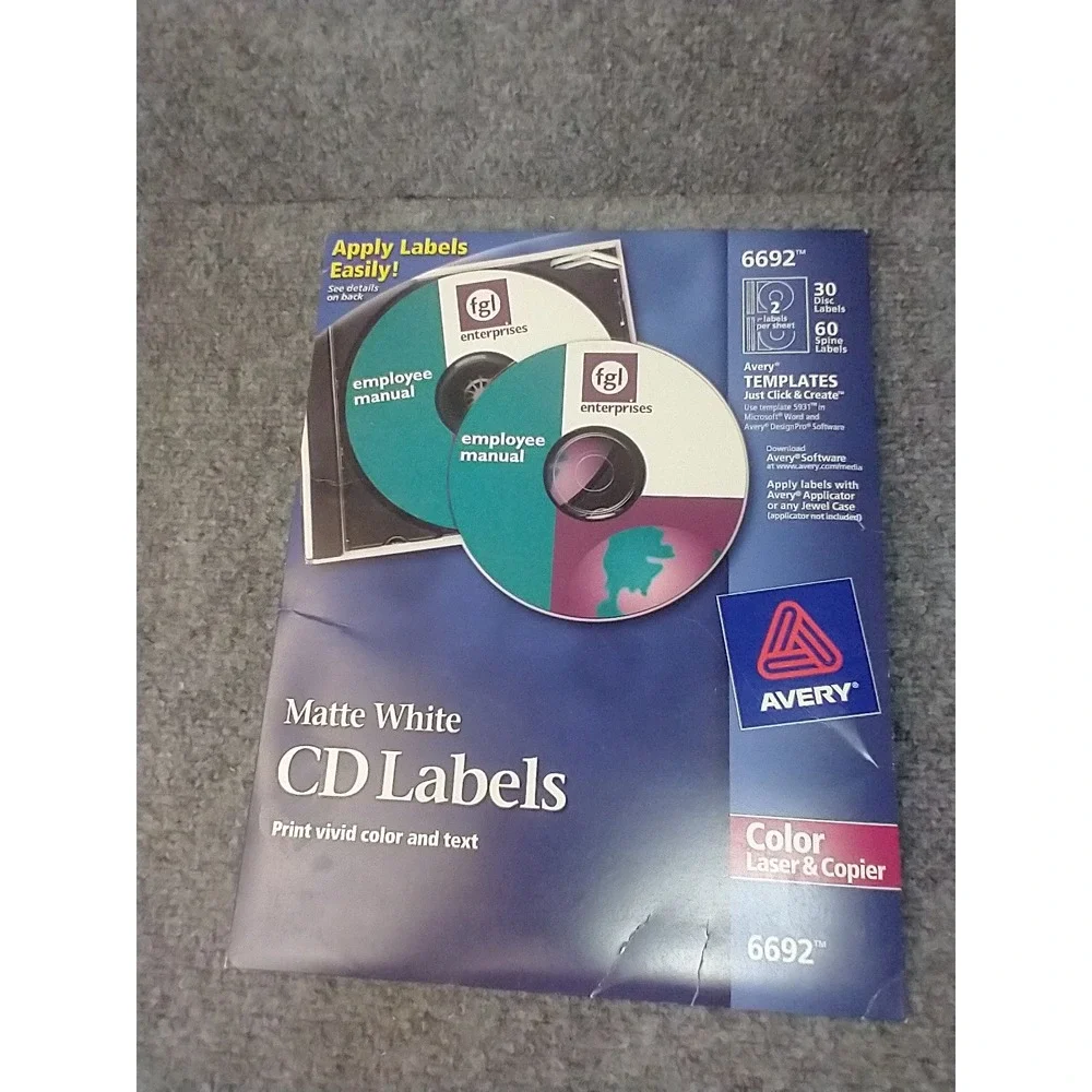 Avery 6692 Matte White CD Labels  Color Laser Copier 46 Disc 92 Spine Label